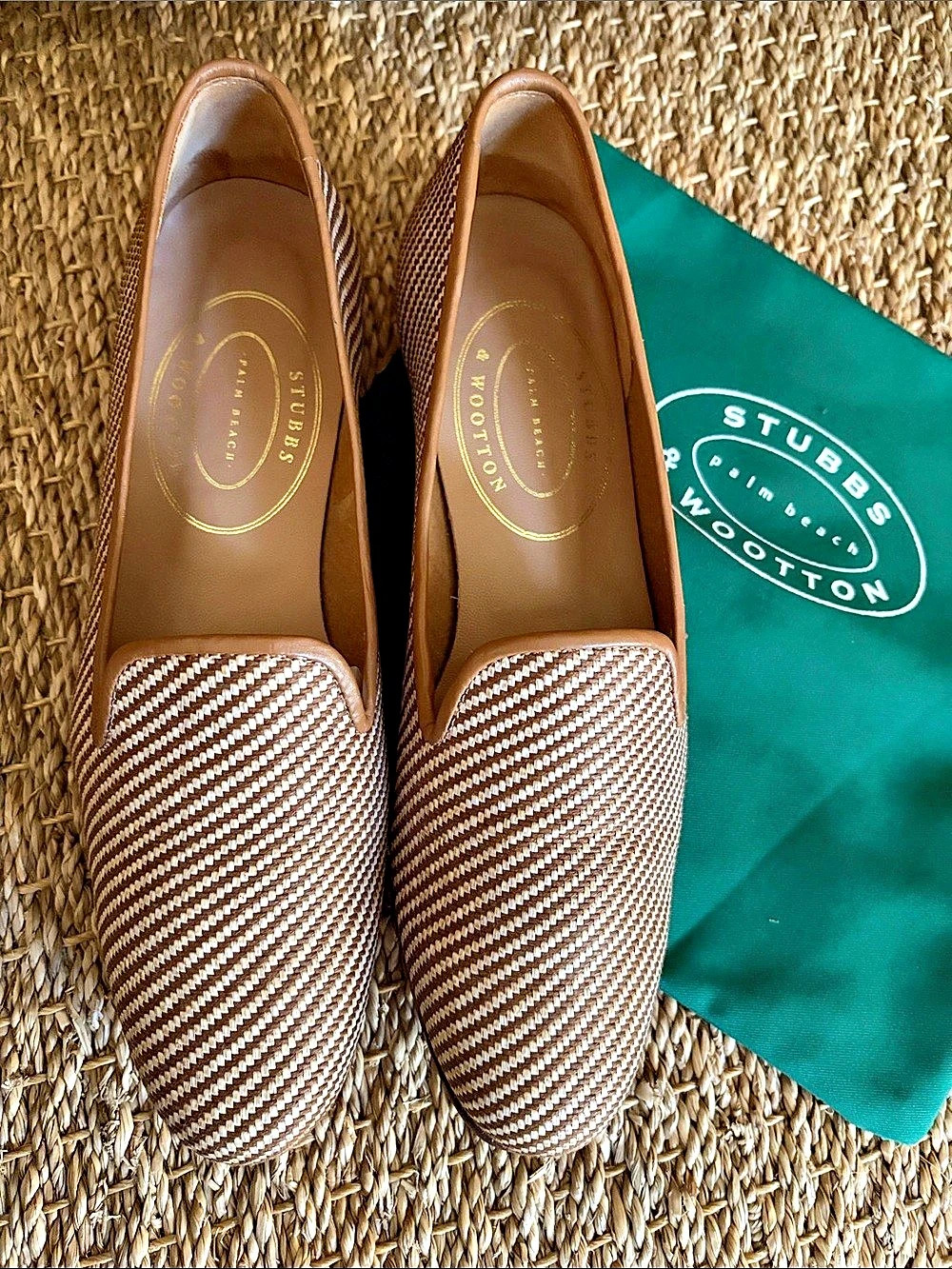 Stubbs & Wootton Straw AA Women Narrow Striped Flats in Brown & White US 9 AA